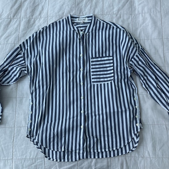 Alex Mill - Striped Collarless Button Down - size small - navy/white - Picture 1 of 5